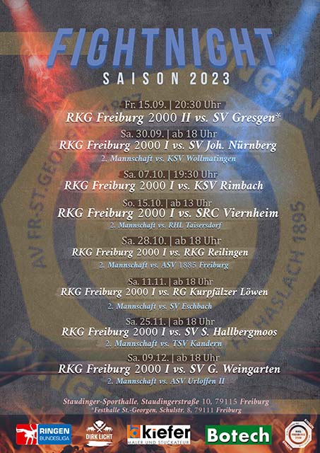 2023_09_20_RKG_Freiburg_2000_Mannschaftsplakat_Fightnight_alle_Heimkämpfe_1._/_2._Mannschaft_Sponsor_Hirsch_Bier_Wurmlingen